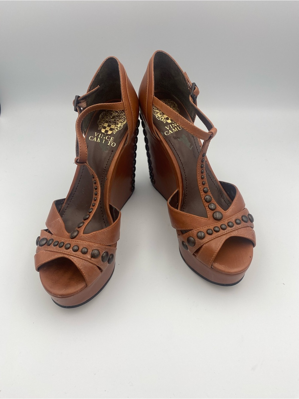 Vince Camuto Cognac Brown Studded Wedge Sandals